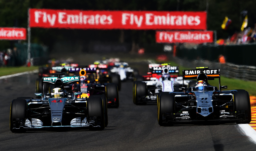 Sergio Perez and Lewis Hamilton during the Formula One Grand Prix of Belgium at Circuit de Spa-Francorchamps on August 23, 2015