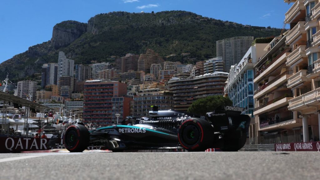 Mercedes Formula 1 car on track during the 2026 Monaco Grand Prix weekend
