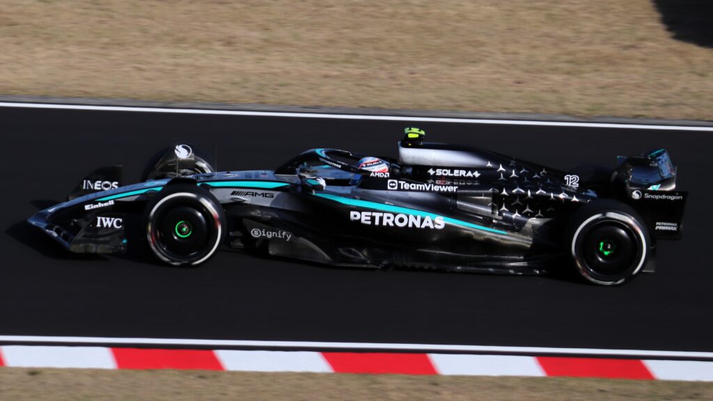 Kimi Antonelli driving his Mercedes Formula 1 car on track.