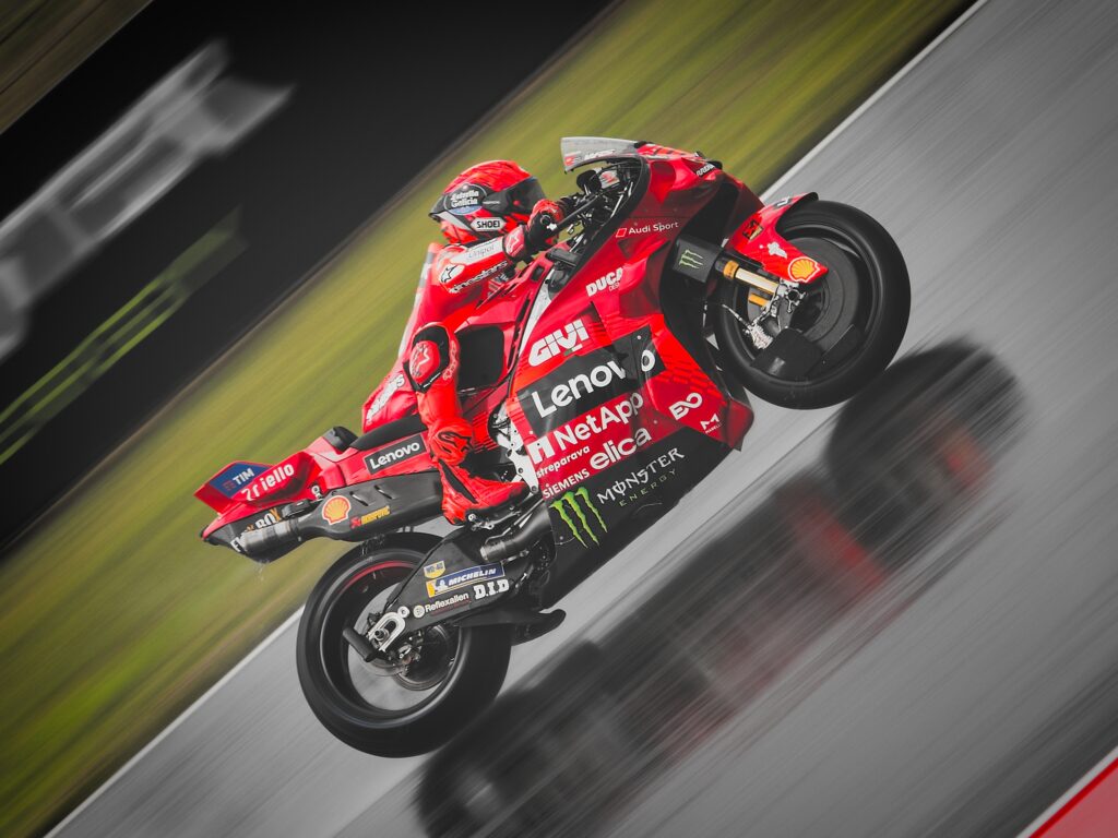 Marc Marquez riding a Ducati MotoGP bike before the German Grand Prix at Sachsenring