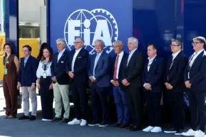 (L to R): Stefano Domenicali (ITA) Formula One President and CEO with Chase Carey (USA) Liberty Media Executive Committee Board Member; Derek Chang (USA) Liberty Media President and CEO; Robert R. Bennett (USA) Vice Chairman of the Board of Director