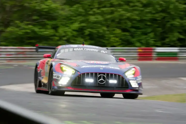 May 17, 2026, Nurburg, Germany: The No.3 Mercedes-AMG Team Verstappen Racing Mercedes-AMG GT3, driven by MAX VERSTAPPEN, LUCAS AUER, JULES GOUNON, and DANIEL JUNCADELLA, navigates the iconic Caracciola Karussell corner on the Nordschleife during the