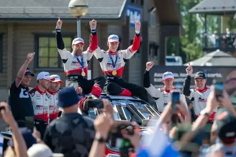 August 2, 2026, JyväskylÃ, Verbania, Finland: Elliott Edmondson (GBR),Oliver Solberg (SWE), Marko Salminen (FIN) ,Sami Pajari (FIN),Elfyn Evans (GBR), Scott Martin (GBR) celebrate the podium, of FIA WRC SECTO RALLY FINLAND in Jyväskylä, Finland on 30