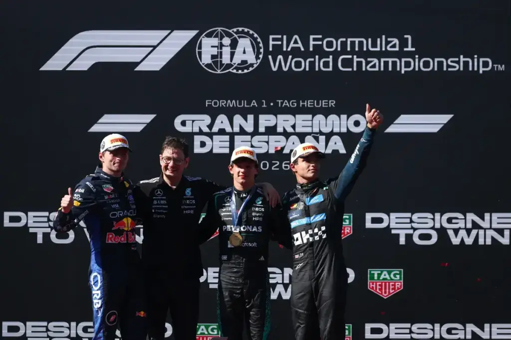September 13, 2026, Madrid, Spain: Andrea Kimi Antonelli of Mercedes, Max Verstappen of Red Bull Racing and Lando Norris of McLaren celebrate on the podium during Formula 1 Grand Prix of Spain at Madring Circuit in Madrid, Spain, on September 13, 2026. (Credit Image: © Beata Zawrzel/ZUMA Press Wire)