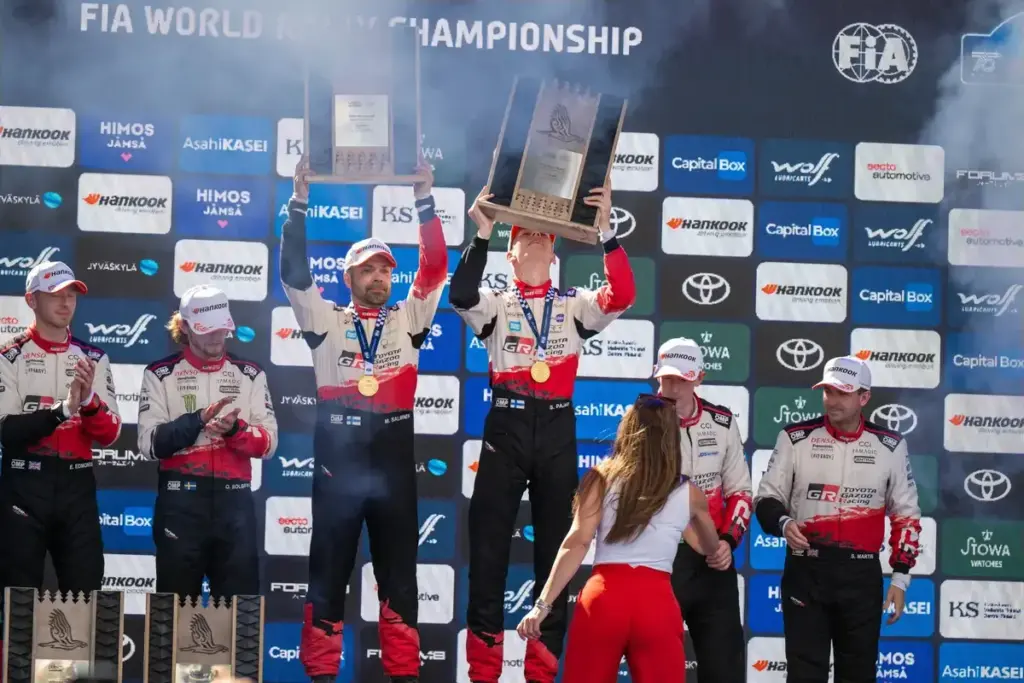 August 2, 2026, JyväskylÃ, Verbania, Finland: Elliott Edmondson (GBR),Oliver Solberg (SWE), Marko Salminen (FIN) ,Sami Pajari (FIN),Elfyn Evans (GBR), Scott Martin (GBR) celebrate the podium, of FIA WRC SECTO RALLY FINLAND in Jyväskylä, Finland on 30