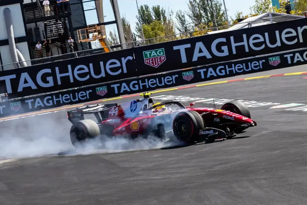 September 12, 2026, Madrid, Madrid, Spain: Lewis Hamilton (GBR/Ferrari) at Turn 1 after crashing during free practice 3 , with the damaged front wing dragging against the front tyre and creating smoke, during the Formula 1 Madrid Grand Prix 2026. (Cr