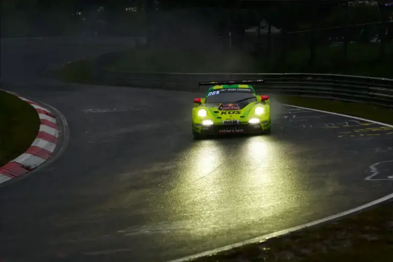 May 14, 2026, Nurburg, Germany: The iconic No.911 Manthey Porsche 911 GT3 R (992) Evo26 , affectionately known as "Grello", speeds along a wet track during a qualifying session at the ADAC RAVENOL 24h Nürburgring event. The car is shared by drivers K
