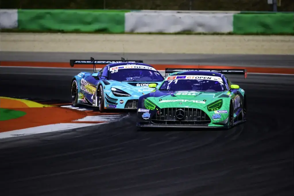 April 18, 2026, Portimao, Algarve, Portugal: Christian Mansell and Maximilian Gotz of Team Motopark driving Mercedes AMG GT3 EVO and Zac Meakin and Dean Macdonald of Greystone GT team driving McLaren 720s GT3 Evo in action during the race 1 of GT Op