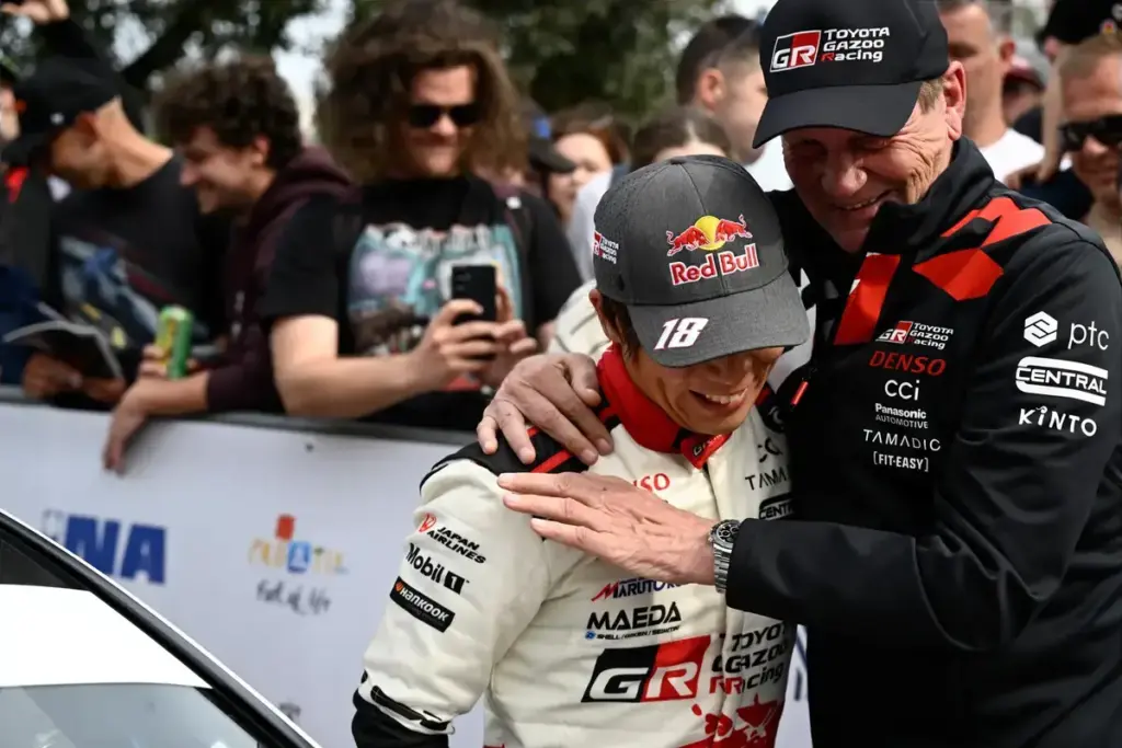 April 12, 2026, Piombino, Piombino, Italy: Juha Kankkunen Team Manager Of Team Toyota Gazoo Racing Wrt, Toyota Gr Yaris Rally1And Driver Takamoto Katsuta And Co-Driver Aaron Johnston Of Team Toyota Gazoo Racing Wrt, Toyota Gr Yaris Rally1,,Celeb