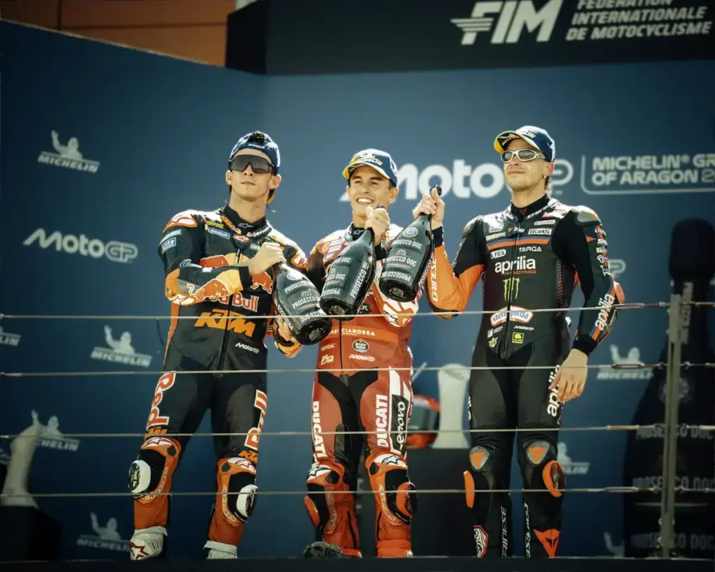 August 30, 2026, Alcaniz, Aragon, Spain: Marc Marquez of the Ducati Lenovo Team Pedro Acosta of the Red Bull KTM Factory Racing Team and Marco Bezzecchi of the Aprilia Racing Team the podium of MotoGP race at Michelin Grand Prix of Aragon on August