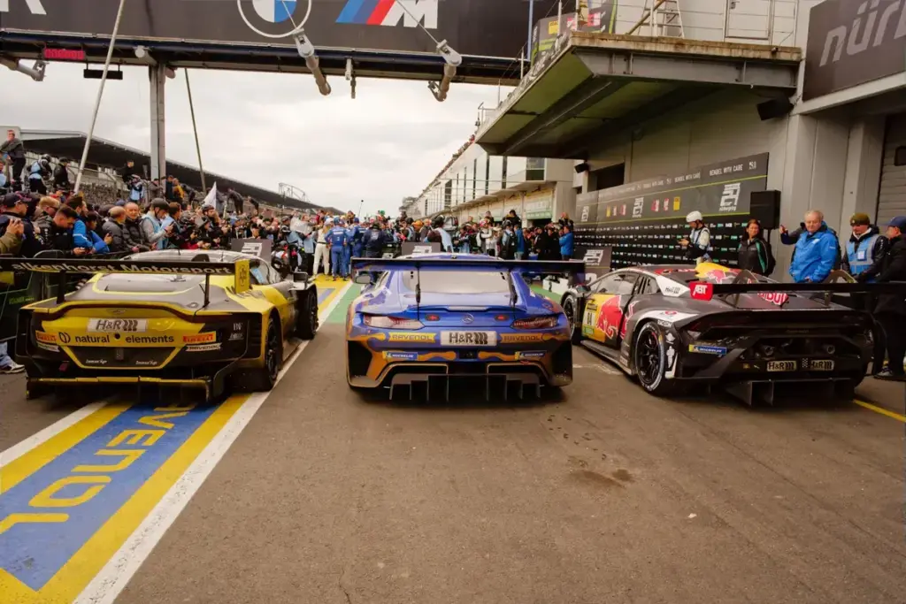 May 17, 2026, Nurburg, Germany: The top three finishing cars park in the pit lane after the conclusion of the ADAC RAVENOL 24h Nürburgring race. From left to right: the No.34 natural elements by Walkenhorst Motorsport Aston Martin Vantage AMR GT3 EVO