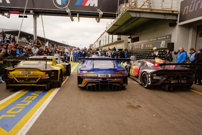 May 17, 2026, Nurburg, Germany: The top three finishing cars park in the pit lane after the conclusion of the ADAC RAVENOL 24h Nürburgring race. From left to right: the No.34 natural elements by Walkenhorst Motorsport Aston Martin Vantage AMR GT3 EVO