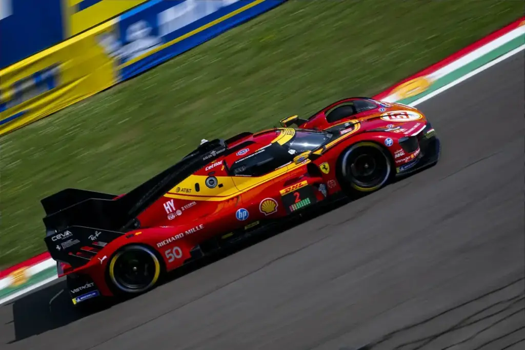 April 17, 2026, Imola, Bologna, Italy: Ferrari AF Corse – Ferrari 499P #50, driven by Antonio Fuoco (ITA), Miguel Molina (ESP), and Nicklas Nielsen (DNK), during free practice 1 of the 6H of Imola at the Autodromo Internazionale Enzo e Dino Ferrari i