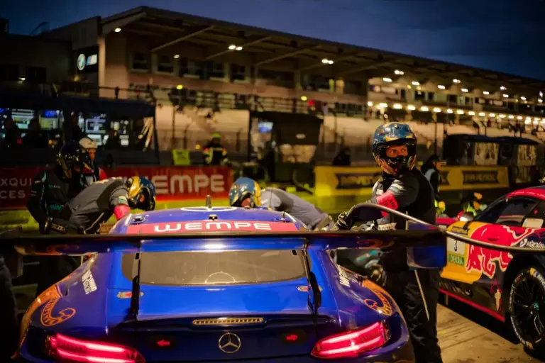 May 17, 2026, Nurburg, Germany: Pit crew mechanics refuel the No.80 Mercedes-AMG Team RAVENOL Mercedes-AMG GT3, driven by MARO ENGEL, LUCA STOLZ, and FABIAN SCHILLER, during a night pit stop at the ADAC RAVENOL 24h Nürburgring race. The No.3 Mercedes