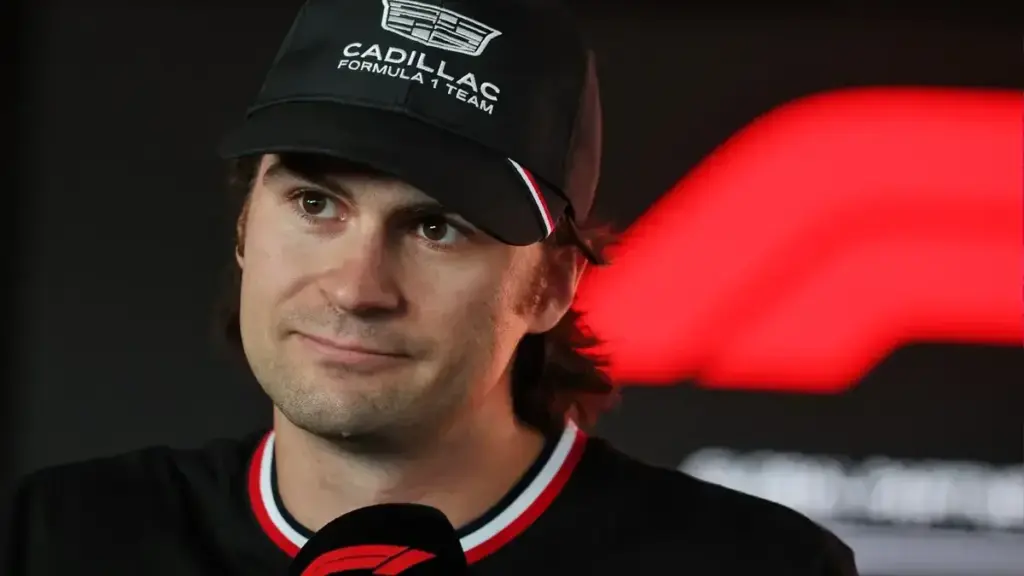 Colton F1 Target: Colton Herta wearing a Cadillac Formula 1 Team cap during an interview