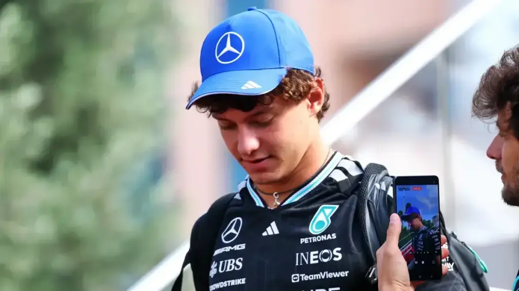 Kimi Antonelli wearing Mercedes team gear during a race weekend