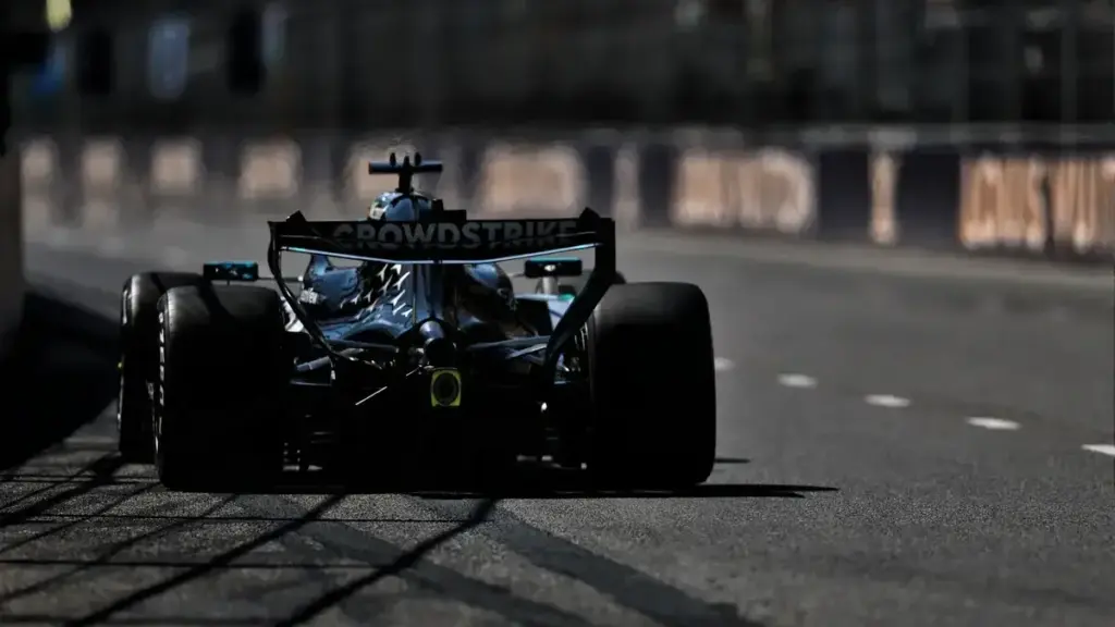 George Russell Baku win: George Russell's Mercedes F1 car driving on track during the Azerbaijan Grand Prix.