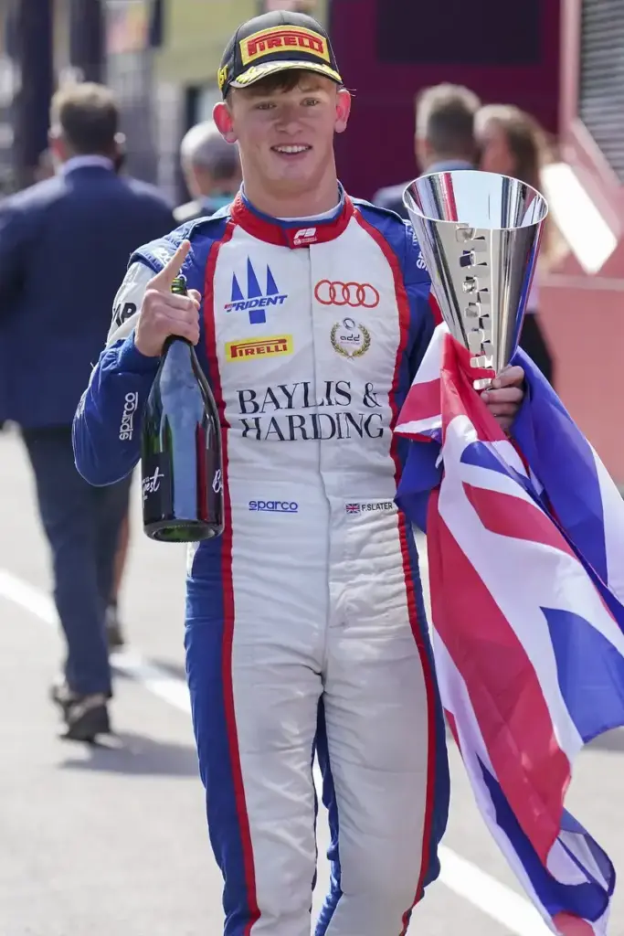 Freddie Slater (Audi Junior Driver) celebrates after winning his Formula 3 race during the Formula 1 AWS Hungarian Grand Prix 2026, Round 11 of the 2026 Formula 1 World Championship from 24th - 26th July 2026 at the Hungaroring, Mogyoród, Hungary. Cr